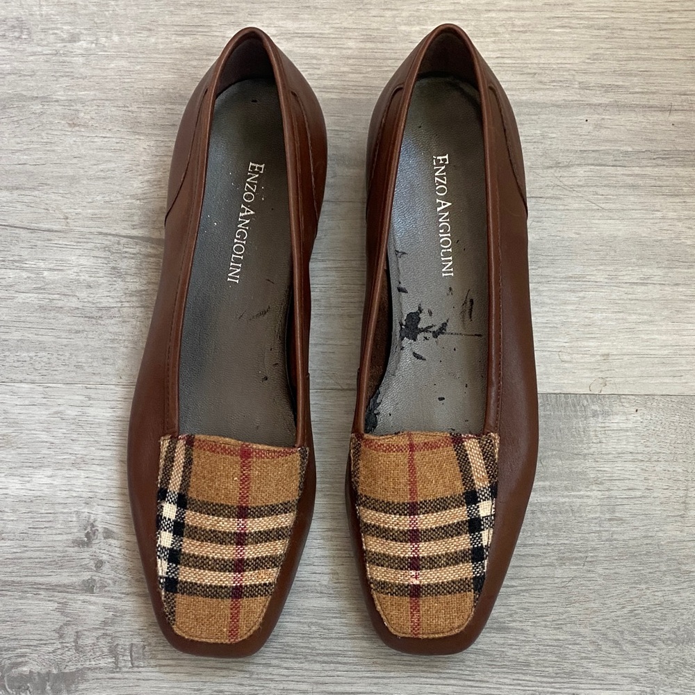NWOT Enzo Angiolini Brown Plaid Leather loafer size 6.5